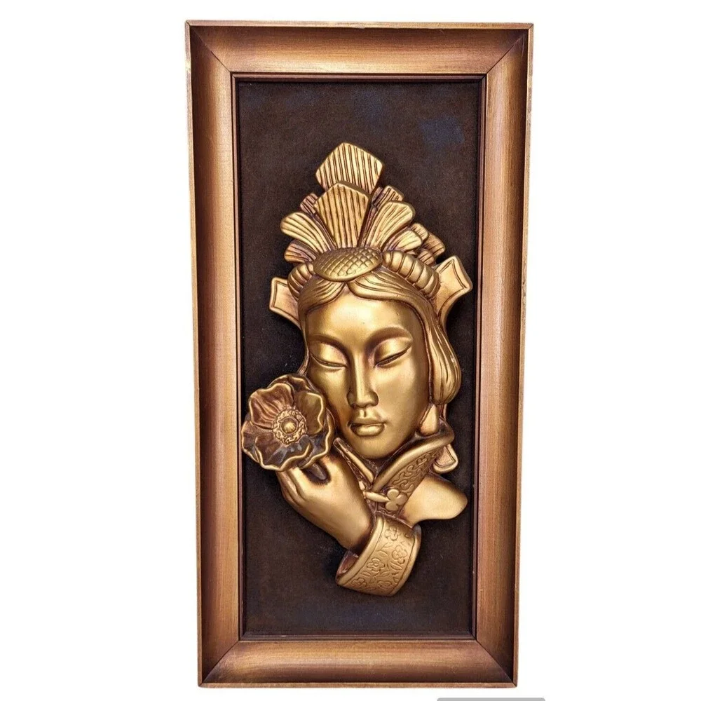 Vintage 50s 60s MCM 3D Gold Chinese Girl Lotus Flower Tretchikoff Green Girl Art